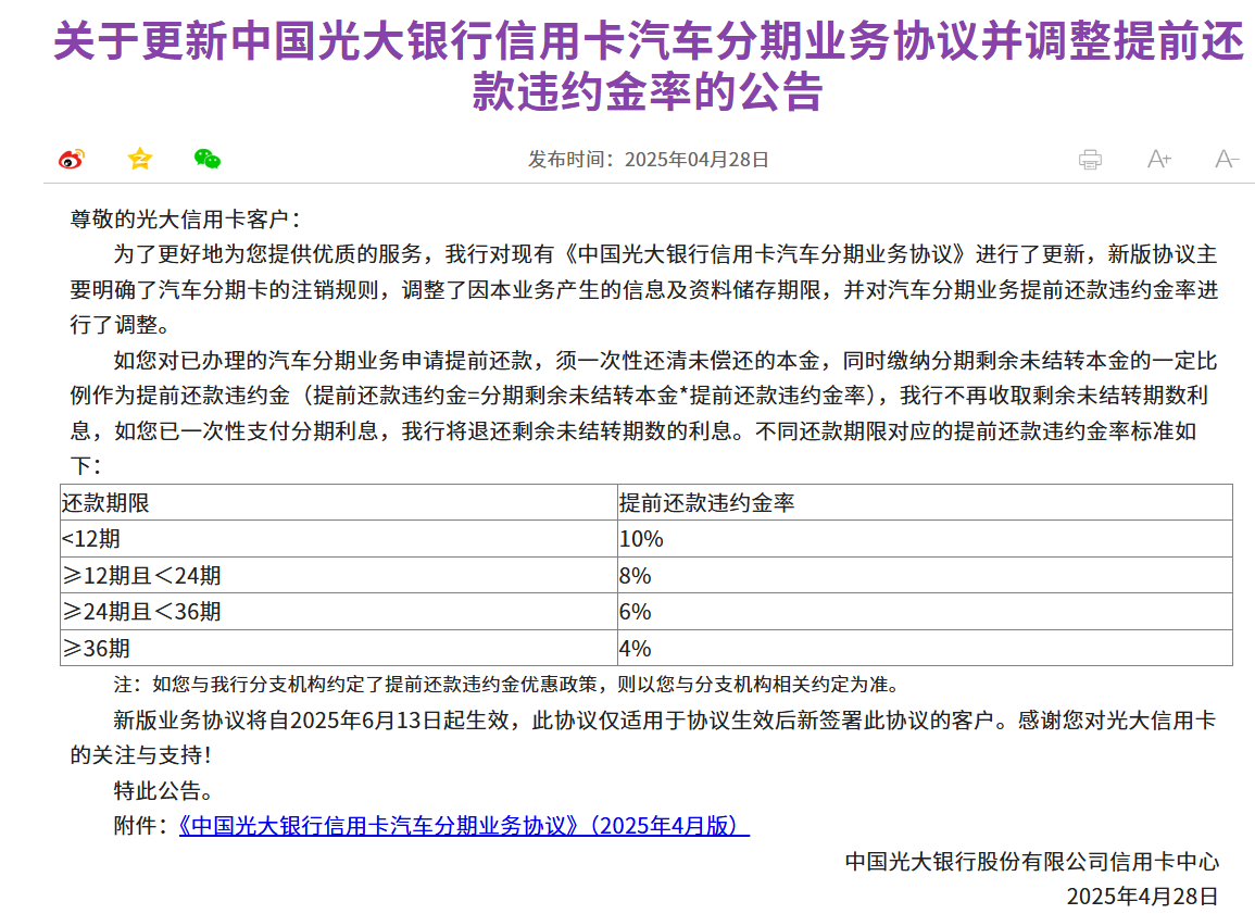 光大银行信用卡汽车分期提前还款违约金率